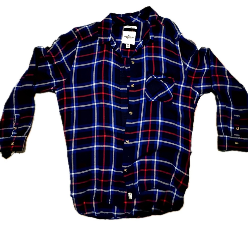 American Eagle Women XL Boyfriend Fit Blue Flannel Button-Up Long Sleeve Shirt